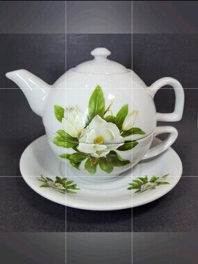 Banan-Appeal White Magnolia TEAPOT CUP and SAUCER Tea For One Vintage